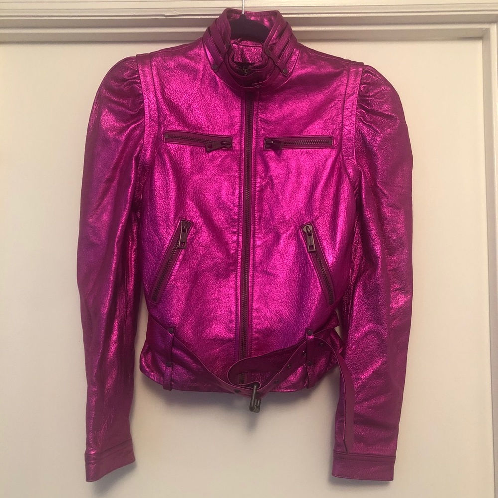 Jocelyn Fuchsia Metallic leather jacket NWT
